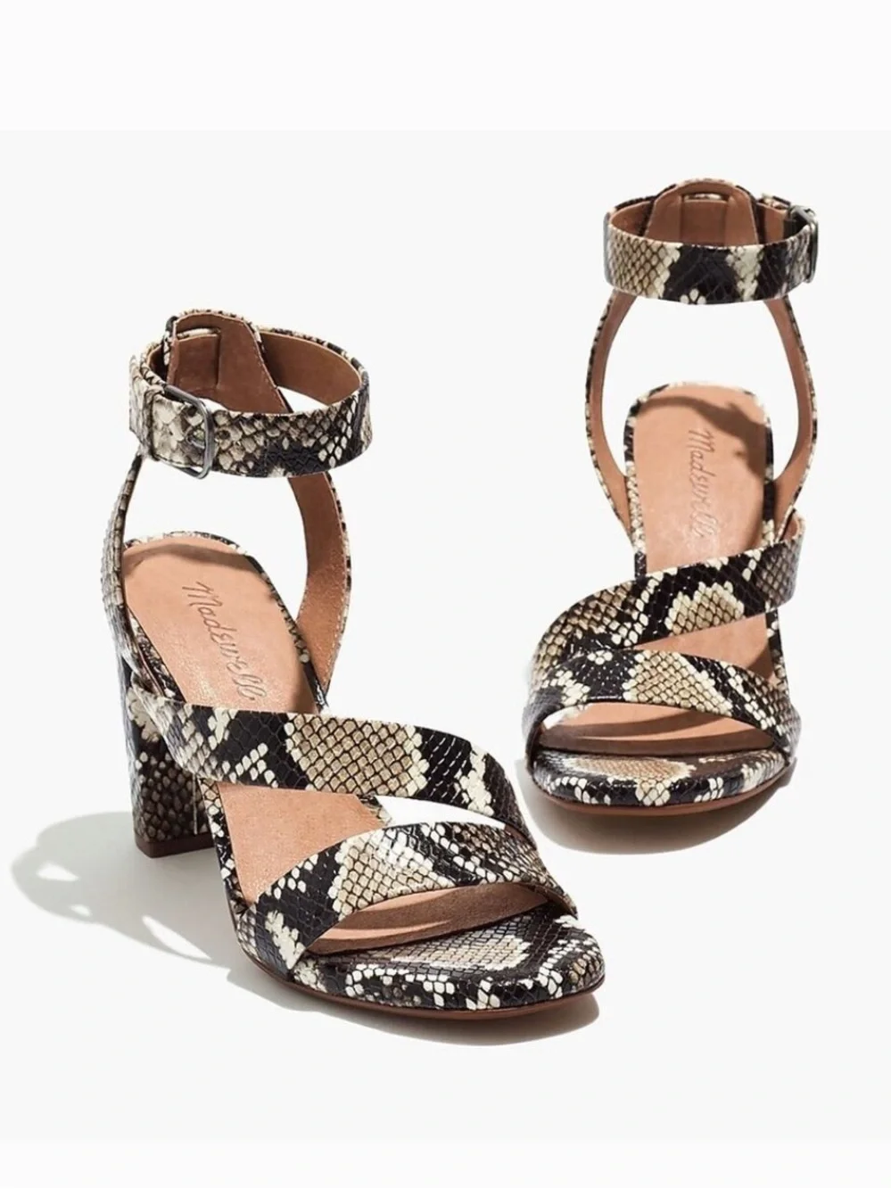 Madewell | Women’s Black/Cream Leather Faux Snake-Print The Liv Block Heel Sz 10 - Picture 1 of 16